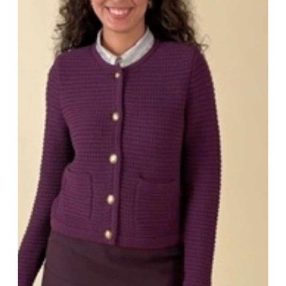 Cabi Purple Plum Knit Cardigan Fall Buttons Chunky Pockets Women's Large.